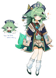 Rule 34 | 1girl, absurdres, ahoge, black footwear, blunt bangs, blush, brown shorts, chinese knot, coin, coin hat ornament, collared shirt, fiery tail, fox girl, ghost tail, green eyes, green hair, green shirt, hair intakes, hat, highres, holed coin, honkai: star rail, honkai (series), huohuo (honkai: star rail), jewelry, long sleeves, looking at viewer, medium hair, multiple rings, paw-shaped pupils, ring, ryu (17569823), shirt, shorts, simple background, socks, solo, sparkle, sweatdrop, symbol-shaped pupils, tail, tail (honkai: star rail), talisman, tassel, white background, white socks, yin yang, yin yang hair ornament