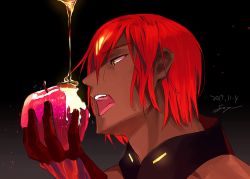 Rule 34 | 1boy, apple, ashwatthama (fate), bitten apple, black background, dark-skinned male, dark skin, dated, fate/grand order, fate (series), food, food bite, fruit, goya (xalbino), holding, holding food, holding fruit, honey, male focus, open mouth, red apple, red hair, simple background, solo, yellow eyes, yonic symbol