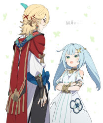 Rule 34 | 1boy, 1girl, aqua hair, blonde hair, cape, crossed arms, dress, earrings, faruzan (genshin impact), feather hair ornament, feathers, genshin impact, green eyes, hair between eyes, hair ornament, hairclip, height difference, jewelry, kaveh (genshin impact), long hair, moyori, open mouth, red cape, red eyes, simple background, symbol-shaped pupils, triangle-shaped pupils, twintails, white dress, x hair ornament