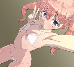 Rule 34 | 1girl, :3, armpits, bikini, blue eyes, blush, breasts, francie gerard, hair ribbon, liar lawyer, navel, orange hair, reaching, reaching towards viewer, ribbon, selfie, small breasts, solo, strike witches, swimsuit, twintails, v, white bikini, world witches series