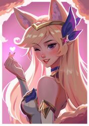 Rule 34 | 1girl, ;d, ahri (league of legends), animal ears, artist name, bare shoulders, blonde hair, blush, breasts, finger heart, fox ears, fox girl, grin, heart, hele bun, highres, league of legends, long hair, medium breasts, one eye closed, open mouth, pink background, purple eyes, smile, solo, star guardian (league of legends), star guardian ahri, teeth