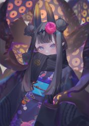 Rule 34 | 1girl, absurdres, black hair, black scarf, blue eyes, blunt bangs, double bun, flower, hair bun, hair flower, hair ornament, haori, headpiece, highres, hololive, hololive english, horns, ilion, japanese clothes, kimono, long hair, looking at viewer, ninomae ina&#039;nis, ninomae ina&#039;nis (new year), obi, obiage, obidome, obijime, official alternate costume, pointy ears, sash, scarf, sidelocks, solo, tentacles, upper body, virtual youtuber