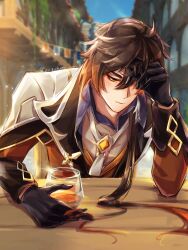 Rule 34 | 1boy, alcohol, antenna hair, black gloves, brown hair, chenzcy, drunk, earrings, eyeliner, genshin impact, gloves, hand to forehead, highres, jewelry, long hair, male focus, red eyeliner, single earring, table, zhongli (genshin impact)