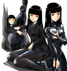 Rule 34 | 1girl, ass, black hair, black jacket, black neckwear, black pantyhose, black skirt, blouse, blunt bangs, bodysuit, breasts, brown eyes, buttons, commentary request, double-breasted, jacket, kamisimo 90, legs up, long hair, looking at viewer, medium breasts, multiple views, necktie, no shoes, original, panties, panties under pantyhose, pantyhose, pleated skirt, presenting, shirt, simple background, skirt, smile, thighband pantyhose, thighs, underwear, uniform, white shirt