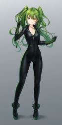 Rule 34 | 1girl, absurdres, ankle boots, black bodysuit, black footwear, bodysuit, boots, breasts, closed mouth, collarbone, digital media player, earphones, full-length zipper, full body, girls&#039; frontline, gloves, green gloves, green hair, grey background, hair between eyes, highres, holding, ipod, legs apart, long hair, looking at viewer, m950a (girls&#039; frontline), npt shizuka, platform boots, platform footwear, simple background, skin tight, small breasts, solo, standing, tsurime, twintails, yellow eyes, zipper, zipper pull tab