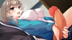 Rule 34 | 1girl, anekawa ayane, blonde hair, blush, breasts, breath, censored, dodomeiro, eyebrows hidden by hair, from below, game cg, green eyes, handjob, indoors, large breasts, legs, looking at another, medium hair, mosaic censoring, netarou, open mouth, original, penis, real eroge situation! dt, sitting, smile, table, thighs, under table