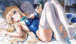 Rule 34 | 1girl, bed, bedroom, blonde hair, blue archive, blue eyes, blue leotard, blue nails, blush, bow, bowtie, breasts, commentary, feet, halo, high heels, highres, himonoata, indoors, knees up, legs, leotard, light particles, long hair, looking at viewer, lying, medium breasts, multicolored hair, no shoes, official alternate costume, official alternate hairstyle, on back, on bed, parted lips, pillow, shoes, sleeves past wrists, soles, solo, streaked hair, thighhighs, toes, toki (blue archive), toki (bunny) (blue archive), unworn shoes, very long hair, white thighhighs