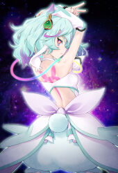 Rule 34 | 1girl, aqua hair, arm up, arm warmers, back, back bow, backless dress, backless outfit, bare back, bloomers, bow, cure supreme, dress, highres, huge bow, kazuma muramasa, median furrow, medium hair, multicolored hair, precure all stars f, purple hair, rabbit tail, red eyes, solo, streaked hair, tail, underwear, white dress