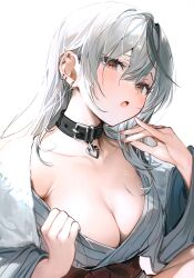 Rule 34 | 1girl, :d, absurdres, black collar, black hair, blush, breasts, cleavage, collar, ear piercing, grey hair, hair between eyes, highres, hololive, japanese clothes, kimono, large breasts, long sleeves, multicolored hair, open mouth, piercing, red eyes, sakamata chloe, scan, smile, solo, streaked hair, striped clothes, striped kimono, umibouzu (niito), vertical-striped clothes, vertical-striped kimono, virtual youtuber