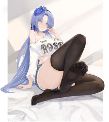 Rule 34 | 1girl, absurdres, alsace (azur lane), azur lane, bare shoulders, bed, black thighhighs, blue eyes, blue flower, blue hair, feet, flower, hair flower, hair ornament, highres, legs, long hair, looking at viewer, no shoes, short shorts, shorts, soles, suo bu ye feng, thighhighs, toes
