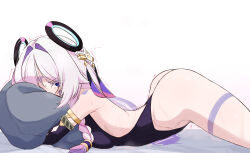 ... 1girl arm_markings ass bare_shoulders blue_eyes blush braid breasts citlali_(genshin_impact) commentary donutman elbow_gloves facial_mark floating_hair_ornament forehead_mark from_side genshin_impact gloves hugging_object long_hair looking_at_viewer lying on_stomach pillow pillow_hug pink_hair ring_hair_ornament simple_background solo sweatdrop thigh_marking triangle triangle_facial_mark white_background