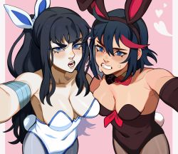 Rule 34 | 2girls, absurdres, animal ears, asymmetrical docking, bare shoulders, black hair, black leotard, black vs white, blue eyes, blue hair, blush, bow, bowtie, breast press, breasts, breasts apart, brown legwear, cleavage, clenched teeth, collarbone, commentary, detached collar, english commentary, fake animal ears, fake tail, female focus, furrowed brow, hair between eyes, heart, highres, kill la kill, kiryuuin satsuki, large breasts, leotard, long hair, looking at viewer, matoi ryuuko, medium breasts, multicolored hair, multiple girls, nose, open mouth, pale skin, pantyhose, pillarboxed, pink background, playboy bunny, porqueloin, rabbit ears, rabbit tail, red bow, selfie, sharp teeth, shiny skin, short hair, siblings, sidelocks, sisters, smile, strapless, strapless leotard, streaked hair, tail, teeth, thick eyebrows, very long hair, white leotard