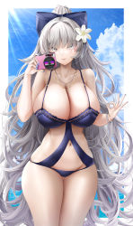 Rule 34 | 1girl, absurdres, azur lane, bikini, blue sky, bow, breasts, flower, gold necklace, grey hair, hair bow, hair flower, hair ornament, highres, huge breasts, jewelry, kouglof0141, long hair, looking at viewer, nail polish, navel, necklace, o-ring, o-ring swimsuit, official alternate costume, purple bikini, purple bow, skindentation, sky, solo, standing, swimsuit, very long hair, vittorio veneto (azur lane), vittorio veneto (the flower of la spezia) (azur lane), white flower