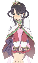 Rule 34 | 1girl, ace attorney, black hair, blush, bow, cape, dress, facial mark, green eyes, hair rings, looking away, mattaku mousuke, phoenix wright: ace attorney - spirit of justice, pink dress, purple bow, rayfa padma khura&#039;in, sidelocks, simple background, solo, tattoo, tiara, waist bow, white background