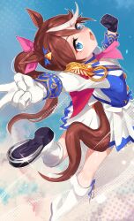 Rule 34 | 1girl, animal ears, ascot, asymmetrical gloves, black gloves, blue background, blue eyes, blue jacket, blue skirt, boots, bow, brown hair, buttons, cape, clenched hand, clenched hands, commentary request, double-breasted, ear ornament, eltir, foot out of frame, gloves, hair between eyes, highres, horse ears, horse girl, horse tail, horseshoe, jacket, knee up, long hair, mismatched gloves, multicolored clothes, multicolored hair, multicolored jacket, open mouth, pink ascot, pink bow, pleated skirt, ponytail, red cape, side cape, simple background, skirt, solo, standing, standing on one leg, streaked hair, tail, teeth, tokai teio (umamusume), two-tone background, two-tone jacket, umamusume, upper teeth only, v, very long hair, white footwear, white gloves, white hair, white jacket, white skirt