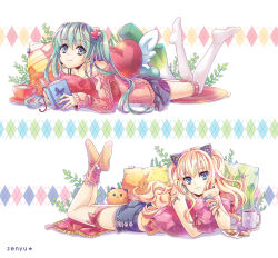 Rule 34 | 2girls, :3, artist name, blonde hair, blue eyes, book, bracelet, checkerboard cookie, head rest, cookie, cup, food, fungus (vocaloid), green eyes, green hair, hatsune miku, jewelry, long hair, looking at viewer, lots of jewelry, lying, multiple girls, nail polish, on stomach, seeu, skirt, socks, spring onion, teacup, thighhighs, vocaloid, zenyu