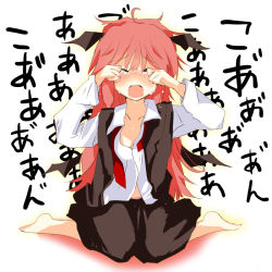 Rule 34 | 1girl, ahoge, barefoot, blush, crying, dress shirt, closed eyes, female focus, head wings, kneeling, koa (phrase), koakuma, long hair, long sleeves, matsushita yuu, messy hair, necktie, open clothes, open mouth, open vest, red hair, shirt, skirt, solo, tears, embodiment of scarlet devil, touhou, translation request, unbuttoned, untied, very long hair, vest, wavy mouth, wings