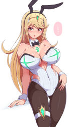 Rule 34 | 1girl, animal ears, bare shoulders, black pantyhose, blonde hair, blush, breasts, cleavage, covered navel, earrings, fake animal ears, female focus, gem, highres, huge breasts, jewelry, leotard, long hair, matching hair/eyes, mythra (massive melee) (xenoblade), mythra (radiant beach) (xenoblade), mythra (xenoblade), nintendo, pantyhose, playboy bunny, ponponmaru, rabbit ears, simple background, solo, swept bangs, thigh strap, tiara, very long hair, white background, wrist cuffs, xenoblade chronicles (series), xenoblade chronicles 2, yellow eyes