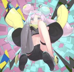 Rule 34 | 1girl, @ @, arms up, black shorts, blush, boots, character hair ornament, commentary request, creatures (company), cropped shirt, game freak, green hair, grey eyes, grey footwear, grey shirt, grey thighhighs, grin, hair ornament, iono (pokemon), jacket, miyako (naotsugu), multicolored hair, navel, nintendo, pink hair, pokemon, pokemon sv, sharp teeth, shirt, shorts, single thighhigh, sleeveless, sleeveless shirt, smile, solo, teeth, thighhighs, twintails, two-tone hair, yellow jacket