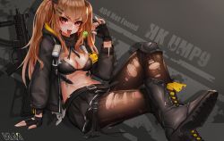 Rule 34 | 1girl, :d, arm support, black bra, black footwear, black gloves, black jacket, black skirt, blush, boots, bra, breasts, brown hair, brown pantyhose, candy, character name, cleavage, crossed legs, fingerless gloves, food, girls&#039; frontline, gloves, gun, hair ornament, hairclip, hand up, heckler &amp; koch, highres, holding, jacket, knee pads, lollipop, long hair, long sleeves, looking at viewer, medium breasts, miniskirt, name connection, navel, nose blush, object namesake, open clothes, open jacket, open mouth, pantyhose, pleated skirt, red eyes, saliva, saliva trail, scar, scar across eye, scar on face, shirt, sitting, skirt, smile, solo, stomach, submachine gun, tongue, tongue out, torn clothes, torn pantyhose, torn shirt, torn skirt, twintails, ump9 (girls&#039; frontline), underwear, v-shaped eyebrows, vana, weapon, white shirt