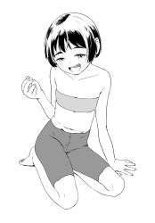 Rule 34 | 1girl, :d, barefoot, bike shorts, blush, collarbone, female focus, flat chest, full body, highres, looking at viewer, monochrome, navel, open mouth, original, satsuyo, short hair, sitting, smile, solo, strapless, tube top