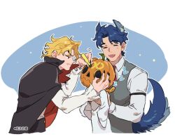 Rule 34 | 3boys, animal ears, arm strap, black cape, blonde hair, blue hair, braid, cape, closed eyes, commentary, dio brando, english commentary, family, fangs, father and son, giorno giovanna, halloween, highres, holding, holding marker, honlo, jack-o&#039;-lantern, jojo no kimyou na bouken, jonathan joestar, lifting person, long hair, long sleeves, looking at another, male focus, marker, multiple boys, pumpkin hat, shirt, short hair, sleeping, smile, tail, vampire, vest, werewolf, white shirt, wolf ears, wolf tail, zzz