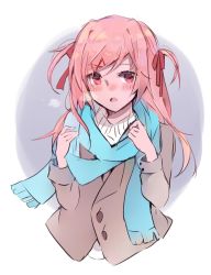 Rule 34 | 1girl, aged up, alternate hair length, alternate hairstyle, az 37331m, bad id, bad twitter id, blue scarf, blush, breath, brown jacket, commentary, doki doki literature club, hair ribbon, highres, jacket, long hair, looking at viewer, natsuki (doki doki literature club), nose blush, open mouth, pink hair, red eyes, red ribbon, ribbon, scarf, simple background, sketch, solo, two side up, upper body