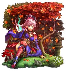Rule 34 | 1girl, absurdres, animal, asymmetrical hair, autumn, autumn leaves, black thighhighs, blue eyes, blue kimono, breasts, cleavage, clothing cutout, dated, detached sleeves, dual wielding, earrings, fate/grand order, fate (series), flower, food, fruit, hair ornament, highres, holding, huge filesize, japanese clothes, jewelry, katana, kimono, large breasts, leaf, leaf print, looking at viewer, magatama, maple leaf print, miyamoto musashi (fate), miyamoto musashi (third ascension) (fate), navel cutout, obi, pink hair, ponytail, sandals, sash, sheath, sheathed, signature, sleeveless, sleeveless kimono, solo, sword, thighhighs, tortoise, tree, turtle, weapon, wide sleeves, zap