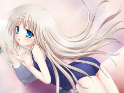 Rule 34 | 1girl, :o, arched back, ass, bathroom, blonde hair, blue eyes, blush, flat chest, game cg, indoors, key (company), kud wafter, leaning forward, little busters!, long hair, mirror, na-ga, noumi kudryavka, one-piece swimsuit, open mouth, platinum blonde hair, reflection, school swimsuit, solo, steam, swimsuit, very long hair, wet