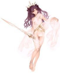 Rule 34 | 1girl, absurdres, ancient greek clothes, barefoot, breasts, breasts apart, closed mouth, collar, crown, daftbonkers, fate/grand order, fate (series), feet, full body, highres, himation, holding, holding sword, holding weapon, ishtar (fate), jewelry, light smile, long hair, looking at viewer, navel, no panties, purple hair, pussy, red eyes, see-through, simple background, single bare shoulder, skirt hold, smile, solo, standing, sword, toga, tohsaka rin, two side up, uncensored, weapon, white background