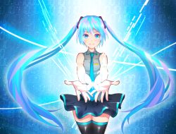 Rule 34 | 1girl, asanome, binary, black thighhighs, blue eyes, blue hair, bug, butterfly, hatsune miku, insect, matching hair/eyes, necktie, skirt, sleeveless, smile, solo, thighhighs, twintails, vocaloid, wind, wind lift
