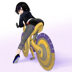 Rule 34 | 1girl, ass, bicycle, big hero 6, black hair, capri pants, cropped jacket, eyeshadow, from behind, gogo tomago, lips, looking back, makeup, multicolored hair, pants, purple hair, shoes, short hair, short shorts, shorts, smile, sneakers, solo, susi (sousome), tight butt