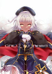Rule 34 | 1girl, azur lane, bad id, bad pixiv id, beret, blue dress, blue hat, blunt bangs, blush, brown eyes, character name, closed mouth, commentary, cross, dress, english commentary, english text, floating hair, gainoob, gloves, glowing, glowing eyes, hand on hilt, hat, headpiece, iron cross, long hair, long sleeves, looking at viewer, mole, mole under eye, puffy long sleeves, puffy sleeves, saber (weapon), sidelocks, silver hair, solo, sword, v-shaped eyebrows, very long hair, weapon, white gloves, z46 (azur lane)