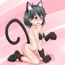 Rule 34 | 1girl, animal ears, animal hands, arched back, artist request, bell, bikini, black eyes, black hair, blush, cat ears, cat tail, embarrassed, gloves, highres, kaban (kemono friends), kemono friends, kneeling, looking at viewer, open mouth, paw gloves, paw pose, paw shoes, sweat, swimsuit, tail