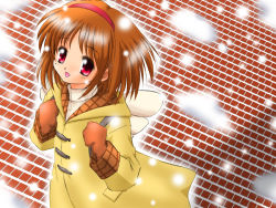 Rule 34 | 1girl, :d, bag, brick, brown hair, from above, gloves, hairband, jacket, kanon, long sleeves, looking at viewer, looking up, open mouth, outdoors, raincoat, red eyes, short hair, smile, snow, snowing, solo, tsukimiya ayu, turtleneck, wings