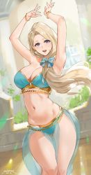 Rule 34 | 1girl, 2020, alternate costume, armpits, arms up, artist name, bare shoulders, bikini, blonde hair, blue bikini, blue bow, blue eyes, blush, bow, bracelet, breasts, cleavage, collarbone, dancer, dated, earrings, female focus, fire emblem, fire emblem: three houses, gold trim, highres, jewelry, large breasts, long hair, looking at viewer, mercedes von martritz, nail polish, navel, nintendo, open mouth, parted bangs, pelvic curtain, see-through, sendo (sendrawz), side ponytail, smile, solo, swimsuit, thighs