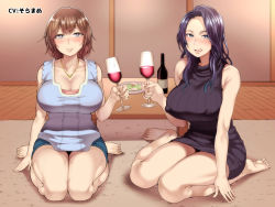 Rule 34 | 2girls, bare legs, bare shoulders, barefoot, blush, bottle, breasts, brown hair, cleavage, closed mouth, collarbone, commentary request, covered erect nipples, cup, drinking glass, feet, highres, indoors, kayumidome, large breasts, lips, long hair, looking at viewer, multiple girls, naughty face, original, purple eyes, purple hair, short hair, sitting, smile, tongue, tongue out, wavy hair, wine bottle, wine glass