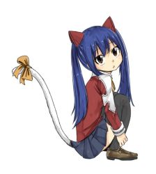 Rule 34 | 1girl, animal ears, blue hair, brown eyes, cat tail, fairy tail, fake animal ears, full body, long sleeves, mashima hiro, parted lips, pleated skirt, simple background, sitting, skirt, solo, tail, thighhighs, twintails, wendy marvell, white background, zettai ryouiki