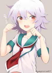 Rule 34 | 10s, 1girl, absurdres, bad id, bad twitter id, highres, kantai collection, looking at viewer, messy hair, open mouth, paw pose, purple hair, red eyes, sailor collar, school uniform, serafuku, short hair, short sleeves, simple background, solo, tama (kancolle), yagitome87
