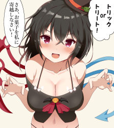 Rule 34 | 1girl, alternate costume, asymmetrical wings, black hair, blush, breasts, claw pose, cleavage, guard vent jun, halloween, hat, highres, houjuu nue, large breasts, looking at viewer, medium breasts, navel, open mouth, red eyes, short hair, smile, solo, speech bubble, touhou, upper body, wings