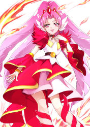 Rule 34 | 1girl, akagi towa, bracelet, choker, cure scarlet, detached sleeves, earrings, fire, full body, go! princess precure, highres, jewelry, long hair, magical girl, pink eyes, pink hair, pointy ears, precure, quad tails, skirt, smile, solo, tsunemi aosa, very long hair, white background