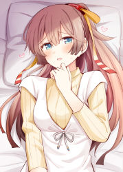 Rule 34 | 1girl, blouse, brown hair, grey eyes, hair ribbon, kantai collection, kazagumo (kancolle), long hair, looking at viewer, lying, official alternate costume, pillow, ponytail, revision, ribbed sweater, ribbon, rui shi (rayze ray), shirt, solo, sweater, upper body, white shirt, yellow sweater