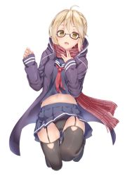 Rule 34 | 1girl, ahoge, artoria pendragon (all), artoria pendragon (fate), black panties, black thighhighs, blonde hair, blush, cameltoe, fate/grand order, fate (series), full body, garter straps, glasses, groin, highres, hood, hood down, hooded jacket, jacket, jumping, legs up, long sleeves, looking at viewer, midair, midriff, mysterious heroine x alter (fate), mysterious heroine x alter (first ascension) (fate), navel, necktie, open mouth, panties, pantyshot, pleated skirt, red necktie, reinama, saber (fate), saber alter, scarf, school uniform, semi-rimless eyewear, serafuku, shoes, short hair, simple background, skirt, solo, thighhighs, underwear, white background, yellow eyes
