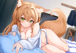 Rule 34 | 1girl, \||/, absurdres, animal ear fluff, animal ears, barefoot, black sports bra, blurry, blurry background, blush, breasts, cleavage, closed mouth, collarbone, crossed bangs, eyelashes, foreshortening, fox ears, fox girl, fox tail, green eyes, hair between eyes, hair intakes, highres, hitachi sou, indoors, knees out of frame, light brown hair, long hair, looking at viewer, lying, medium breasts, no bra, on bed, on side, open clothes, open shirt, original, panties, pillow, shirt, sidelocks, sleeves past wrists, slit pupils, smile, solo, sports bra, tail, thigh gap, thighs, underwear, white panties, white shirt