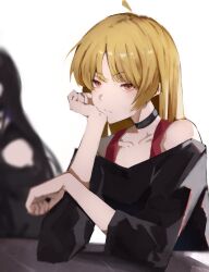 Rule 34 | 2girls, ahoge, bare shoulders, black choker, black dress, black hair, black shirt, blonde hair, blurry, blurry background, bocchi the rock!, choker, closed mouth, clothing cutout, collarbone, commentary, crow (krouw), depth of field, detached ahoge, dress, english commentary, head rest, highres, ijichi seika, long hair, long sleeves, looking at viewer, multiple girls, pa-san, parted bangs, red eyes, red tank top, shirt, shoulder cutout, tank top