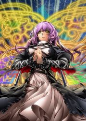 Rule 34 | 1girl, arikanrobo, black dress, breasts, brown hair, closed mouth, cowboy shot, cracking knuckles, cross-laced clothes, dress, from below, gradient hair, highres, hijiri byakuren, juliet sleeves, large breasts, long hair, long sleeves, looking at viewer, multicolored hair, own hands clasped, own hands together, puffy sleeves, purple hair, solo, sorcerer&#039;s sutra scroll, touhou, two-tone hair, yellow eyes