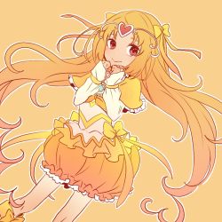 Rule 34 | 10s, 1girl, bad id, bad pixiv id, boots, bow, brooch, bubble skirt, choker, circlet, cure muse, cure muse (yellow), dress, frills, hair ribbon, hayashi (kanzume), heart, jewelry, knee boots, long hair, magical girl, orange background, orange hair, orange skirt, precure, ribbon, shirabe ako, skirt, smile, solo, suite precure, yellow dress