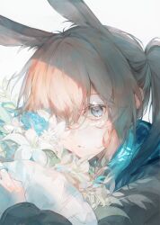 Rule 34 | 1girl, amiya (arknights), animal ears, arknights, ascot, black jacket, blue ascot, blue collar, blue eyes, blue flower, blue rose, bouquet, brown hair, collar, commentary, flower, greypidjun, hair over one eye, highres, holding, holding bouquet, jacket, jewelry, long hair, long sleeves, looking at viewer, multiple rings, ponytail, rabbit ears, rabbit girl, ring, rose, simple background, solo, upper body, white background, white flower