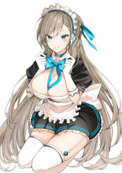 1girl, absurdres, apron, asuna (blue archive), bangs, black dress, blue archive, blue neckwear, blush, bow, bowtie, breasts, cleavage, dress, elbow gloves, gloves, headphones, highres, huge filesize, kneeling, large breasts, light brown hair, long hair, long sleeves, maid headdress, md5 mismatch, mole, mole on breast, neck ribbon, ribbon, short sleeves, smile, thighhighs, thighs, white apron, white gloves, white legwear, yukineko1018