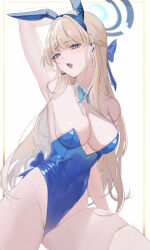 Rule 34 | 1girl, animal ear hairband, animal ears, arm up, armpits, blonde hair, blue archive, blue eyes, blue hairband, blue leotard, bow, bowtie, breasts, commentary, detached collar, ear piercing, earpiece, groin, hairband, halo, highleg, highleg leotard, highres, leotard, medium breasts, microphone, oni kanzei, open mouth, piercing, playboy bunny, rabbit ear hairband, rabbit ears, rabbit tail, raised eyebrows, skindentation, solo, sweat, tail, thighhighs, thighs, toki (blue archive), toki (bunny) (blue archive), white thighhighs